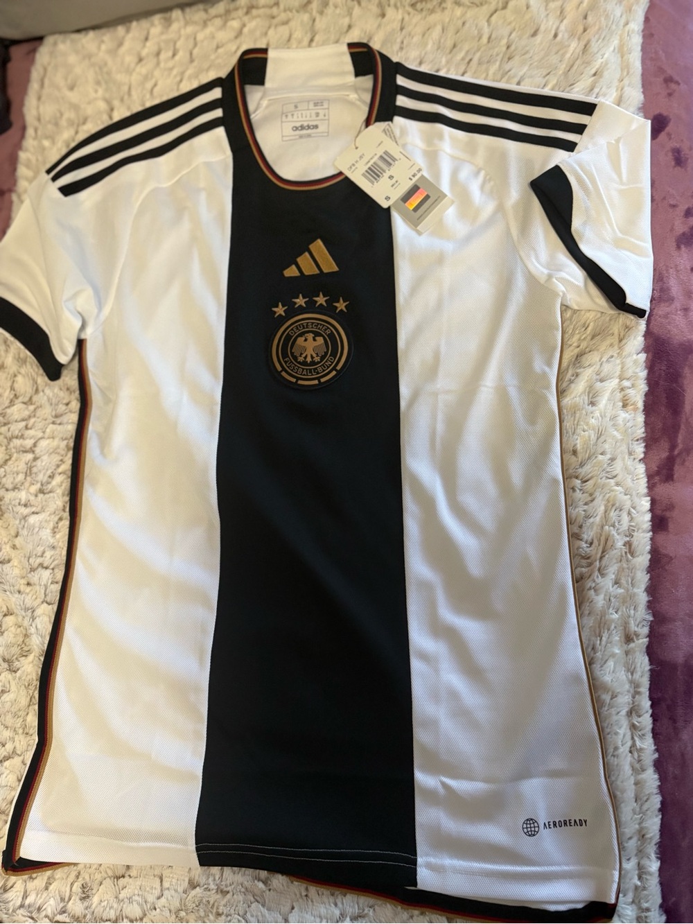 adidas White & Black Kids Soccer Jersey with Gold Accents